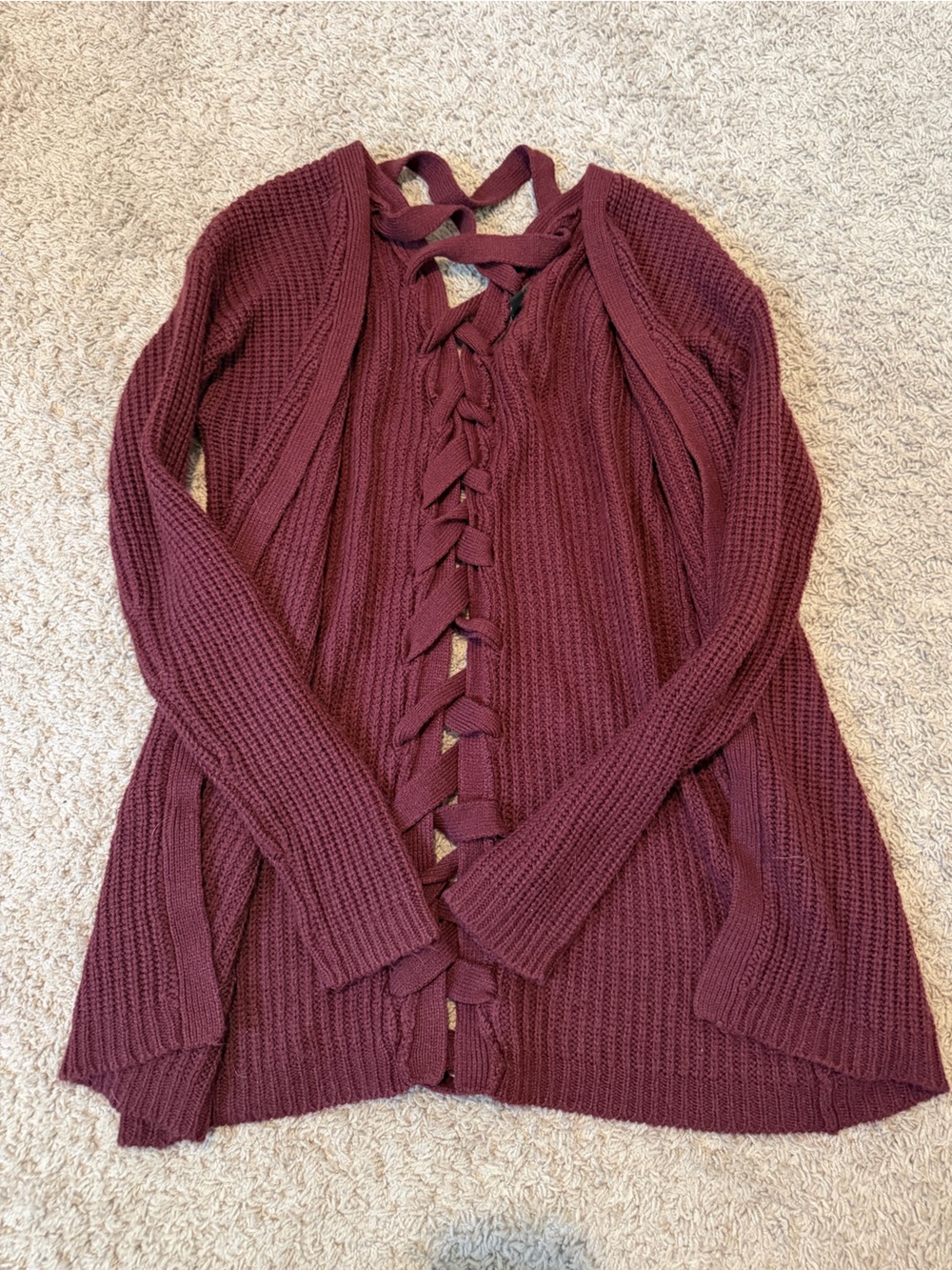 Derek Heart Burgundy Knit Open-Front Sweater with Lace-Up Detail